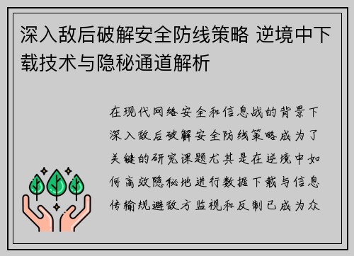 深入敌后破解安全防线策略 逆境中下载技术与隐秘通道解析
